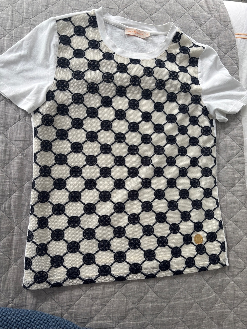 Tory Burch White Tee with Navy Embroidered Detail